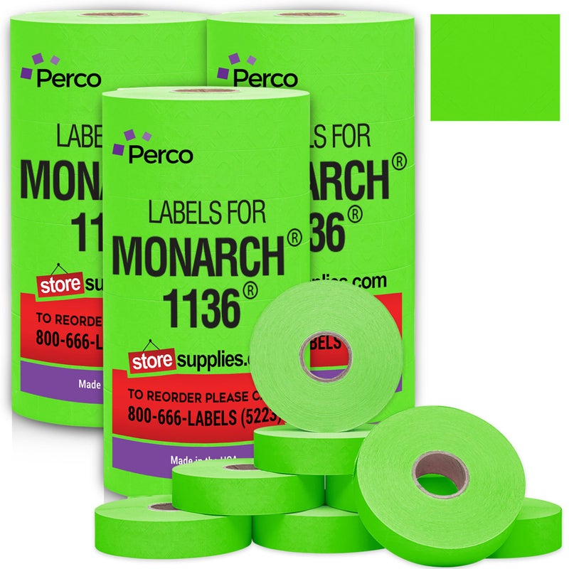 Perco Fluorescent Green Pricing Labels for Monarch 1136 Price Gun â€“ 3 Sleeves, 24 Rolls Value Pack - 42,000 Price Marking Labels â€“ with Ink Rolls Included - Image 1